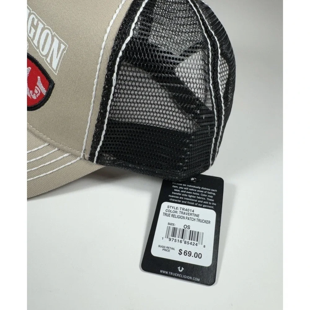 TRUE RELIGION Buddha Patch Trucker Snapback Hat Tan Black Men's *NEW* $69